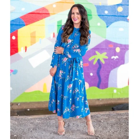 Loft Floral Tiered Maxi Dress Blue Long Balloon Sleeve Belted Full Length Size 2 - Picture 1 of 12